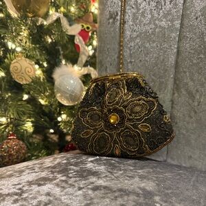 Elegant Vintage Black and Gold Beaded Evening Bag